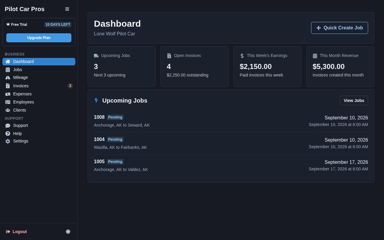 Owner-operator dashboard and jobs on desktop