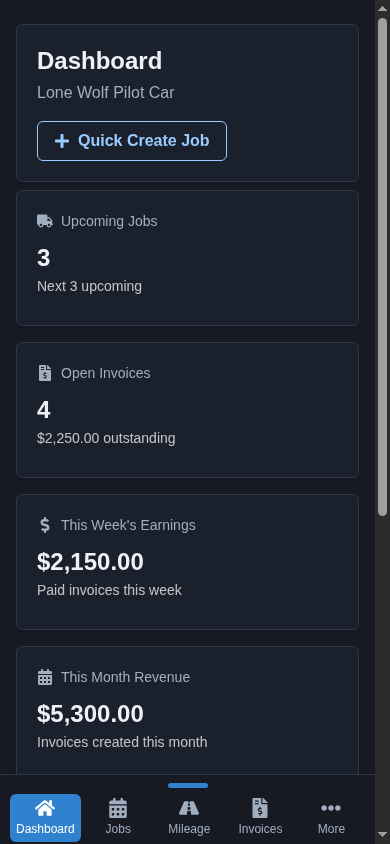 Owner-operator dashboard and jobs on mobile