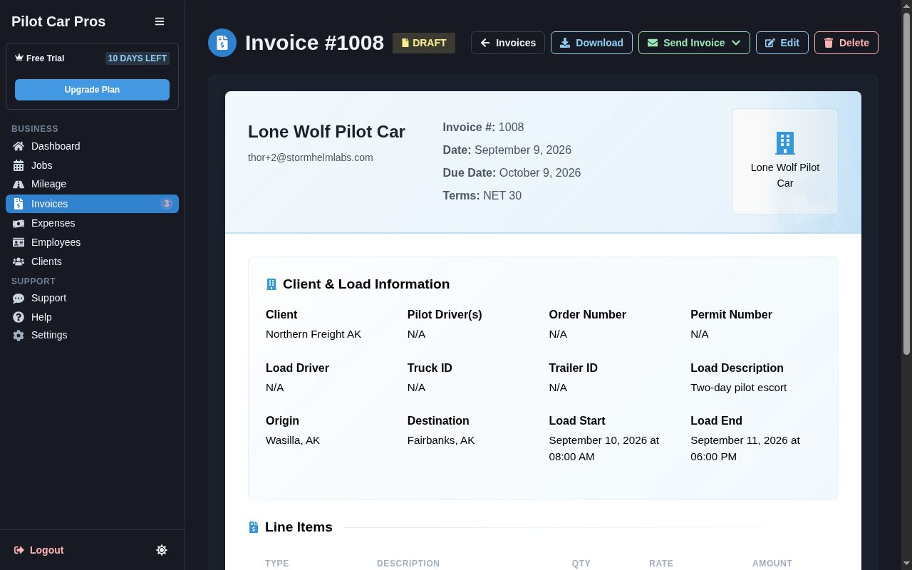 Pilot Car Pros invoices & payments owner-operator desktop screen