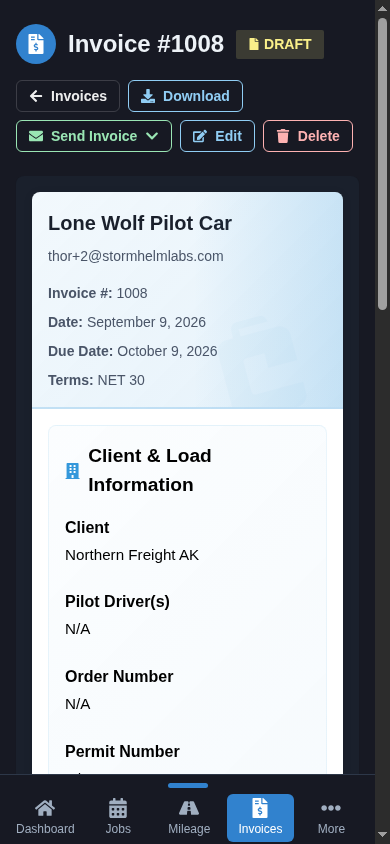 Pilot Car Pros invoices & payments owner-operator mobile screen