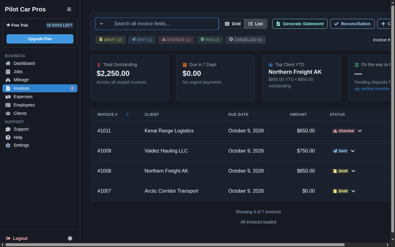 Owner-operator invoice workflow on desktop
