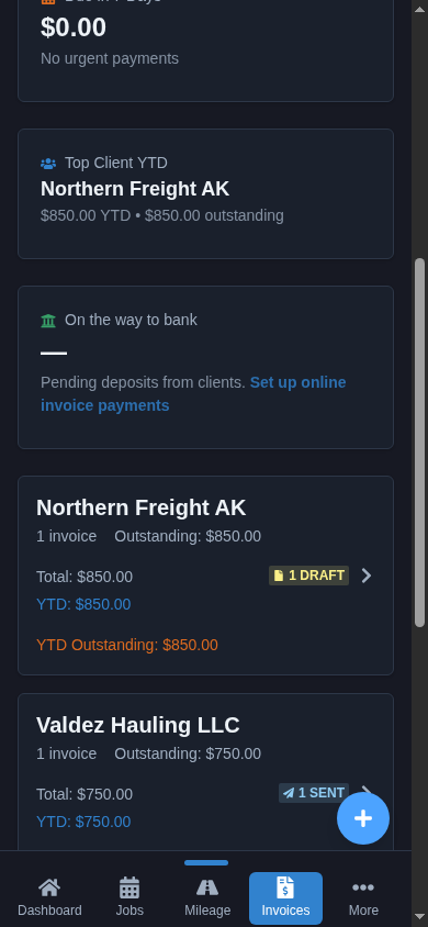 Owner-operator invoice workflow on mobile
