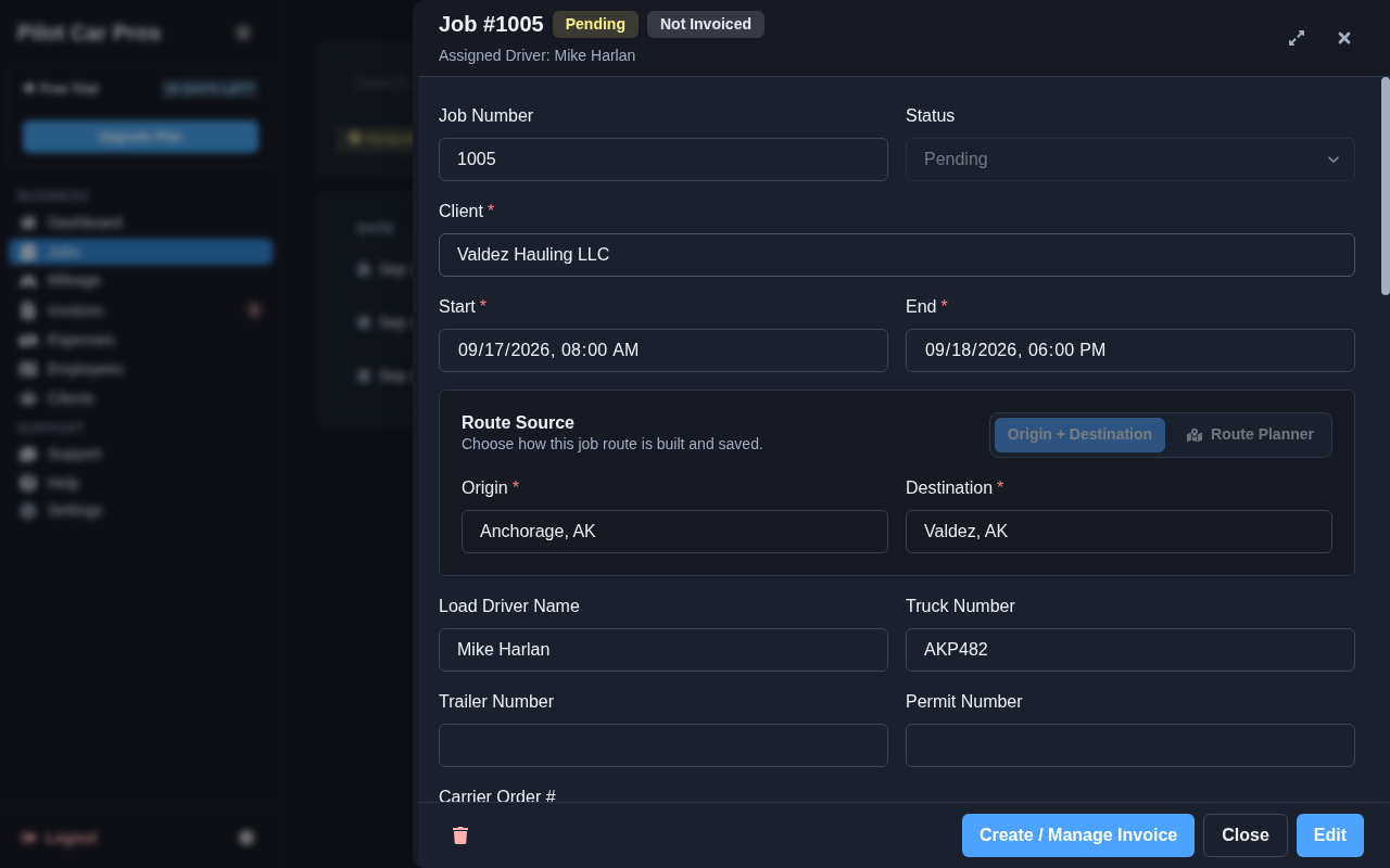 Pilot Car Pros mileage & expenses owner-operator desktop screen